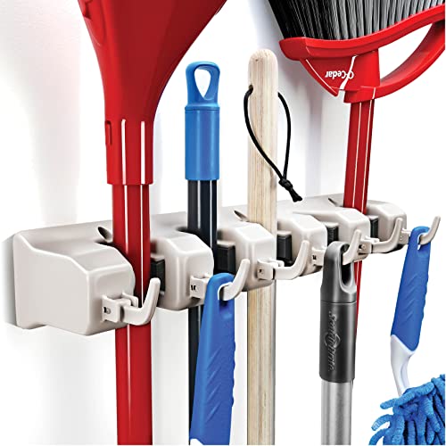 HOME IT Mop And Broom Holder - Garage Storage Systems with 5 Slots, 6 Hooks, 7.5lbs Capacity Per Slot - Garden Tool Organizer For 11 Tools - For Home, Kitchen, Closet, Garage, Laundry Room - Off-White
