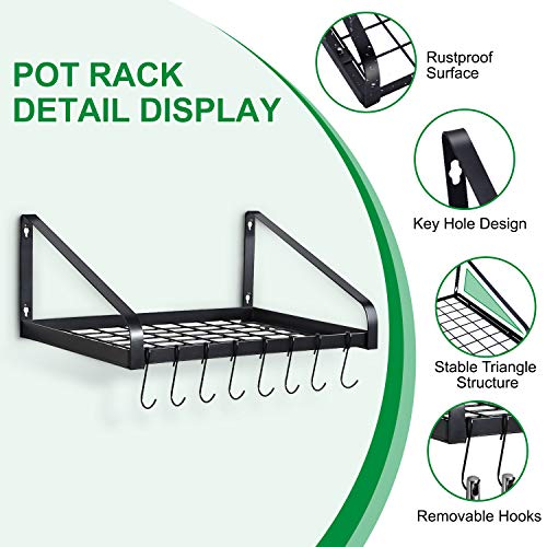 G-TING Hanging Pot Rack, Pot and Pan Organizer Wall Mounted Pots Holder Kitchen Storage Shelf with 8 Hooks, Ideal for Pans Set, Utensils, Cookware, Books, Household, Black, 2 DIY Methods