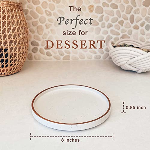Mora Ceramic Flat Plates Set of 6 - 8 in - The Dessert, Salad, Appetizer, Small Lunch, etc Plate. Microwave, Oven, and Dishwasher Safe, Scratch Resistant. Kitchen Porcelain Dish - Vanilla White