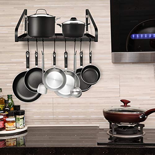 G-TING Hanging Pot Rack, Pot and Pan Organizer Wall Mounted Pots Holder Kitchen Storage Shelf with 8 Hooks, Ideal for Pans Set, Utensils, Cookware, Books, Household, Black, 2 DIY Methods