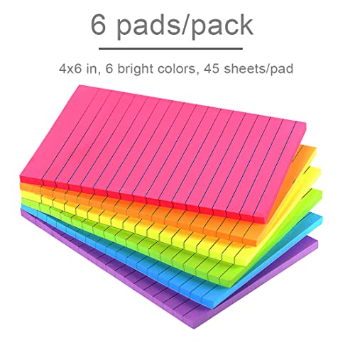 Lined Sticky Notes 4X6 in Bright Ruled Post Stickies Colorful Super Sticking Power Memo Pads Its Strong Adhesive, 6 Pads/Pack, 45 Sheets/pad