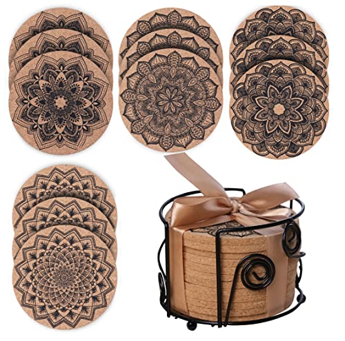 HOMEARA12 Pcs Mandala Cork Coasters for Drinks Absorbent with Holder - Perfect Non Stick Heat Resistant Soft Cup Mats for CoffeeTable - Home Decor New Year Present Box