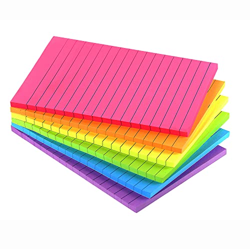 Lined Sticky Notes 4X6 in Bright Ruled Post Stickies Colorful Super Sticking Power Memo Pads Its Strong Adhesive, 6 Pads/Pack, 45 Sheets/pad