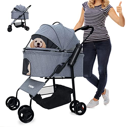 Pet Stroller 4 Wheels Dog Stroller by YOUMI, Zipless Pet Gear with Cup Holder & Safety Belt for S/M Dogs On The Trip, Pet Rover with Storage Basket (Deep Grey)