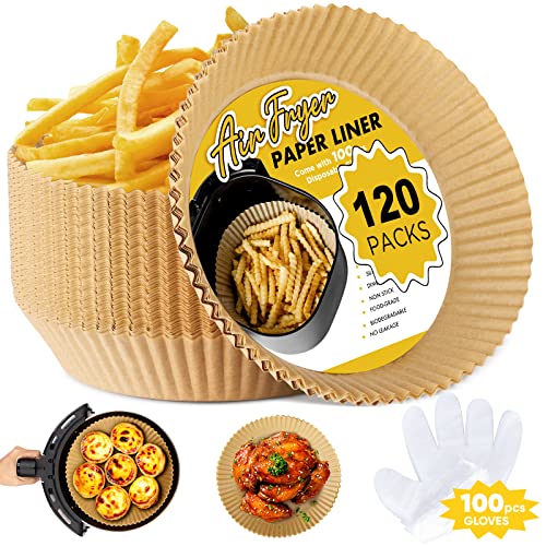Air Fryer Disposable Paper Liner, 120PCS Air Fryer Parchment Liners with 100PCS Disposable Gloves, Waterproof, Oil-Proof, Non-Stick Kitchen Parchment Paper for Microwave Oven, Steamer, Pan, 6.3 Inch