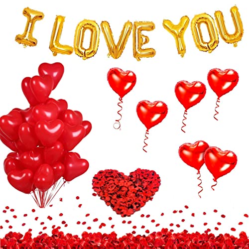 Valentines Day Balloons Decorations, I Love You Gold Balloon and Heart Balloons Kit with 1000 Pcs Dark-Red Silk Rose Petals Romantic Flower Decoration for Valentine Day Party Decorations