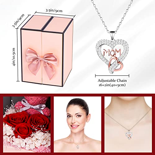 IDFALKFD Preserved Rose Gifts Set Includes 925 Sterling Silver Necklace with Heart and Mom Jewelry Design, Mothers Day Birthday Christmas Valentines Gifts for Mom from Daughter and Son