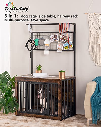 Fourfurpets 3 in 1 Furniture Style Dog Crates with Hallway Rack, Side Table, Double Door, Three Sides Ventilation, Heavy Duty Dog Cage, High Resilience Dog Pad Bottom, Rustic Brown