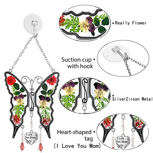 Butterfly Sun-Catchers Gifts for Mother, Pressed Flower Between Wings Glass for Window, Silver Metal Engraved Charm, as Mother's Valentine's Day Day Mom Birthday Gifts (I Love You Mom)