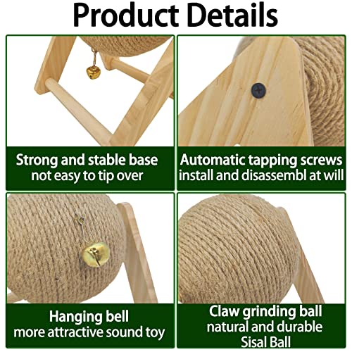 Rabbit Scratcher Toy Natural Sisal Rabbit Scratching Ball Wooden Bunny Scratch Toy with Ball for Indoor Rabbits Bunnies Ferrets Chinchillas Kittens Small Animals (Small)