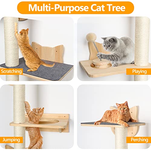 4 Tier 63 Inch Tall Wall Mounted Cat Furniture with 2pcs Non-Slip Carpet, Sisal Scratching Post and Cat Shelves Perch with Wood Track Toy Ball, Cat Climbing Tree Tower for Indoor Middle Large Kitten