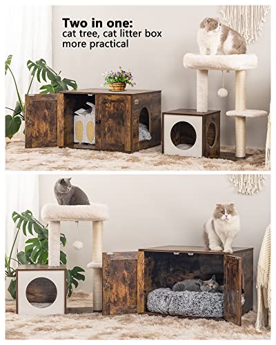 FourFurPets Multipurpose Cat Litter Box Enclosure with Cat Tree and Condo, Side Table, with Large Platform, Cat House, Full Sisal Posts, Removable Washable Cushion, Rustic Brown
