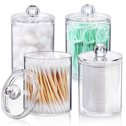 4 PACK Qtip Holder Dispenser for Cotton Ball, Cotton Swab, Cotton Round Pads, Floss Picks - 10 oz Clear Plastic Apothecary Jar Set for Bathroom Canister Storage Organization, Vanity Makeup Organizer