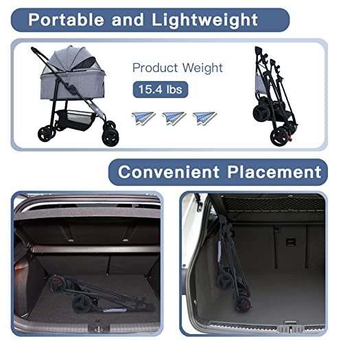 Pet Stroller 4 Wheels Dog Stroller by YOUMI, Zipless Pet Gear with Cup Holder & Safety Belt for S/M Dogs On The Trip, Pet Rover with Storage Basket (Deep Grey)