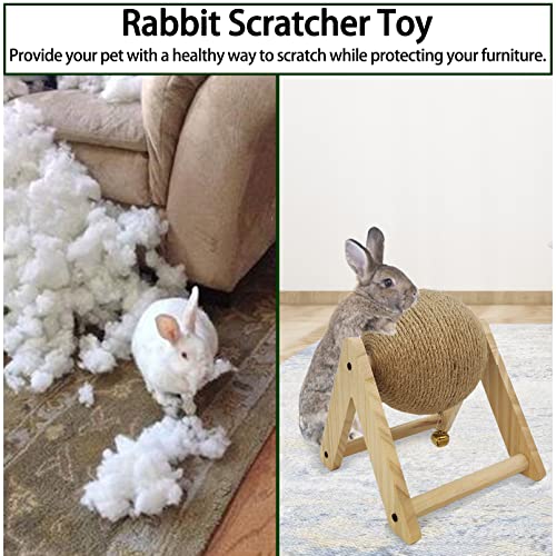 Rabbit Scratcher Toy Natural Sisal Rabbit Scratching Ball Wooden Bunny Scratch Toy with Ball for Indoor Rabbits Bunnies Ferrets Chinchillas Kittens Small Animals (Small)