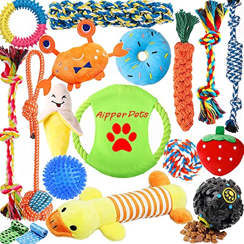 Aipper Dog Puppy Toys 18 Pack, Puppy Chew Toys for Fun and Teeth Cleaning, Dog Squeak Toys, IQ Treat Ball, Tug of War Toys, Puppy Teething Toys, Dog rope toys pack for Medium to Small Dogs