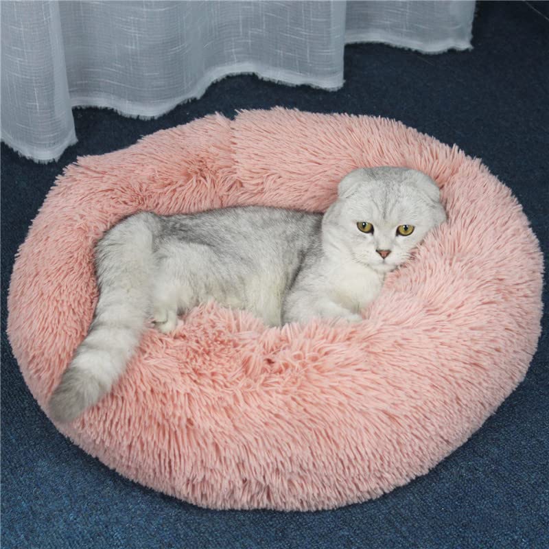 Geizire 24 inch Cat Bed Dog Bed for Cats, Small/Medium Dogs, Washable Donut Calming Round,Soft Fluffy Warm and Cozy Anti Anxiety Cuddler, Joint-Relief Pet Bed(24'',Grey) (Large, Pink)